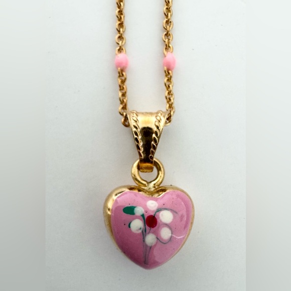 18K Solid Yellow Gold Pink Enamel Puffy Heart Pendant - kids/baby